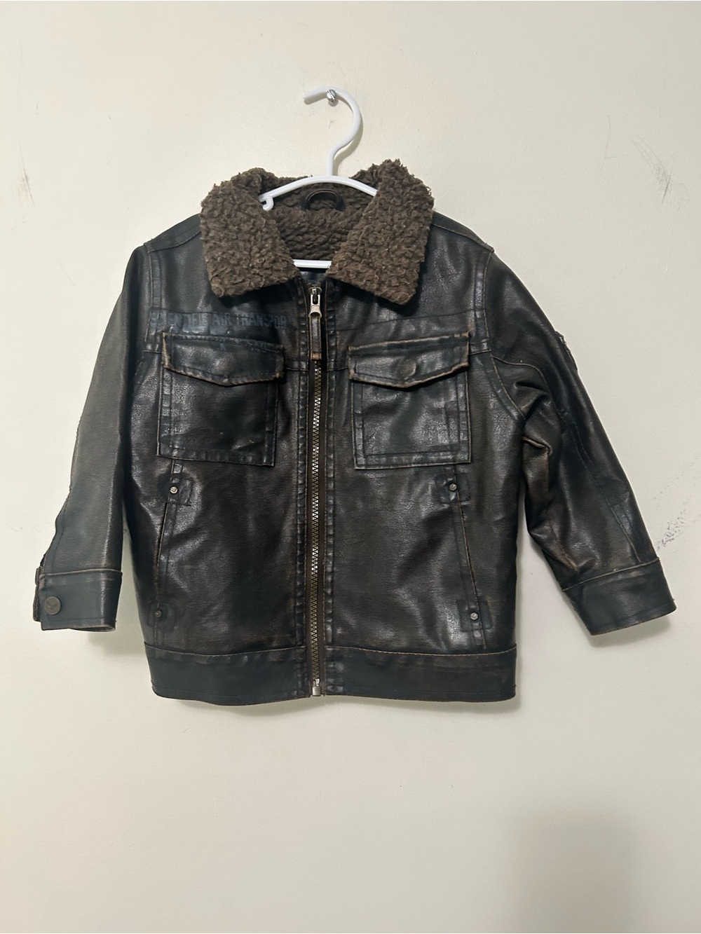 Hawke & Co Black Faux Leather Kids Jacket with Brown Sherpa Collar